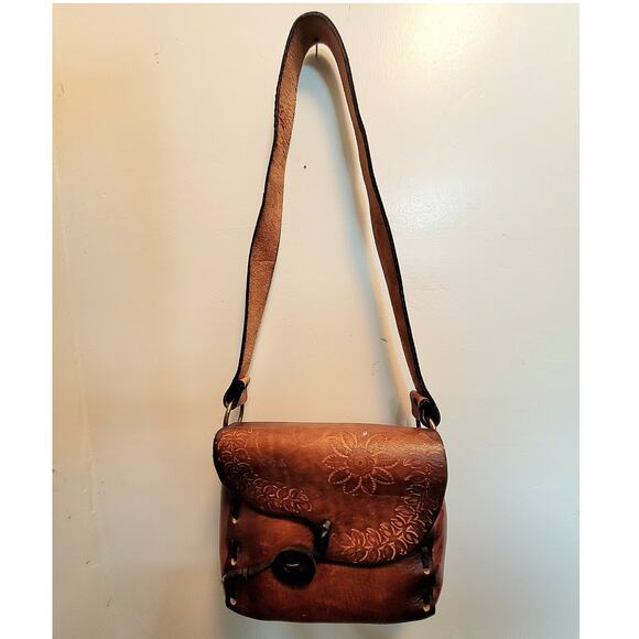 Seventies Tooled Leather Brown Shoulder Bag Boho Folk Charm Wanderer Retro Style - Picture 3 of 16